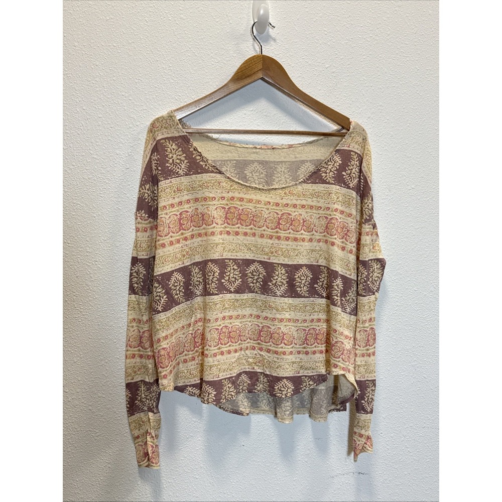 Vintage Free People Cream & Pink Paisley Floral Print Long‎ Sleeve Top Size L